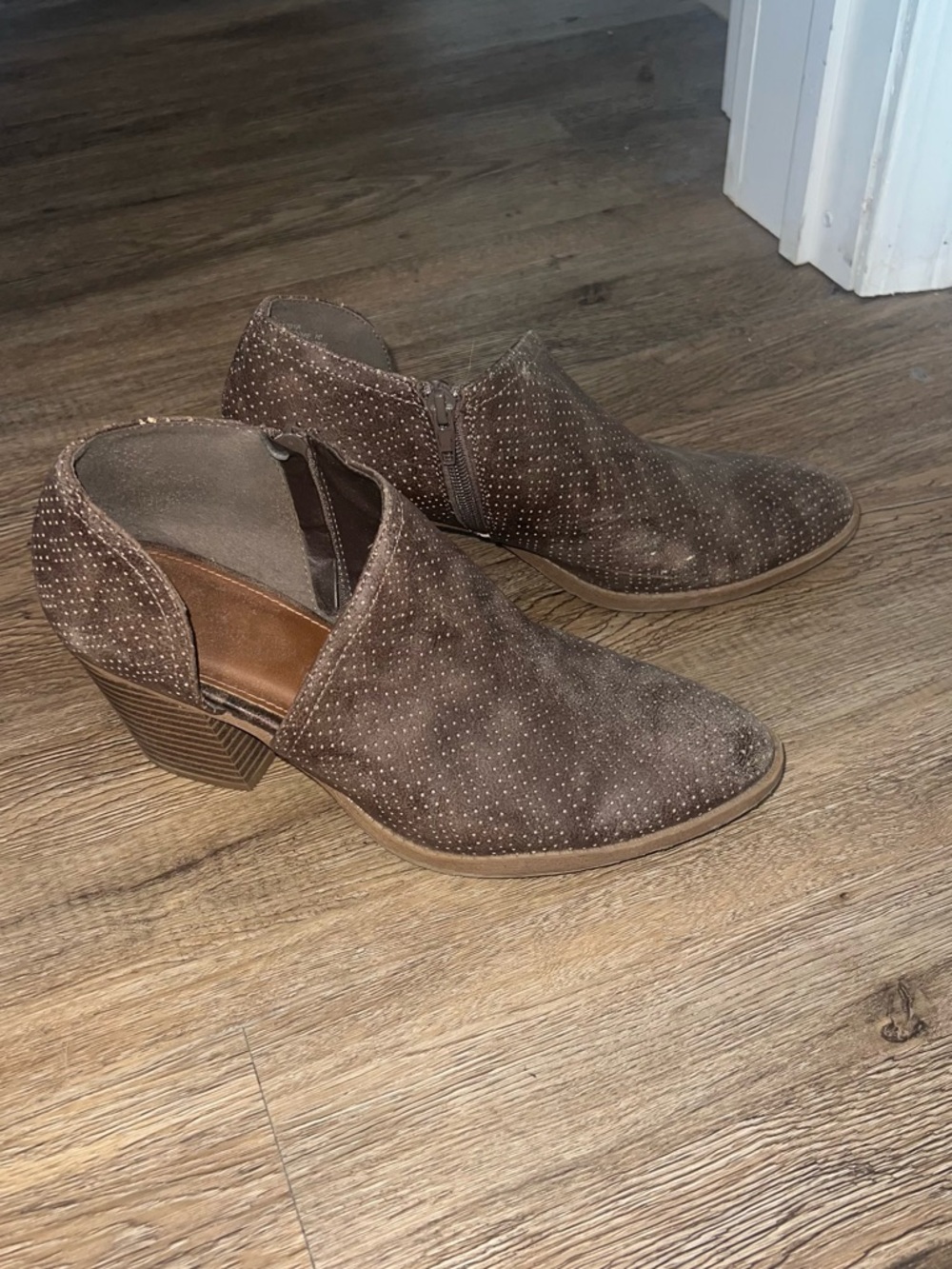 Sugar Taupe Suede Ankle Booties with Stacked Heel